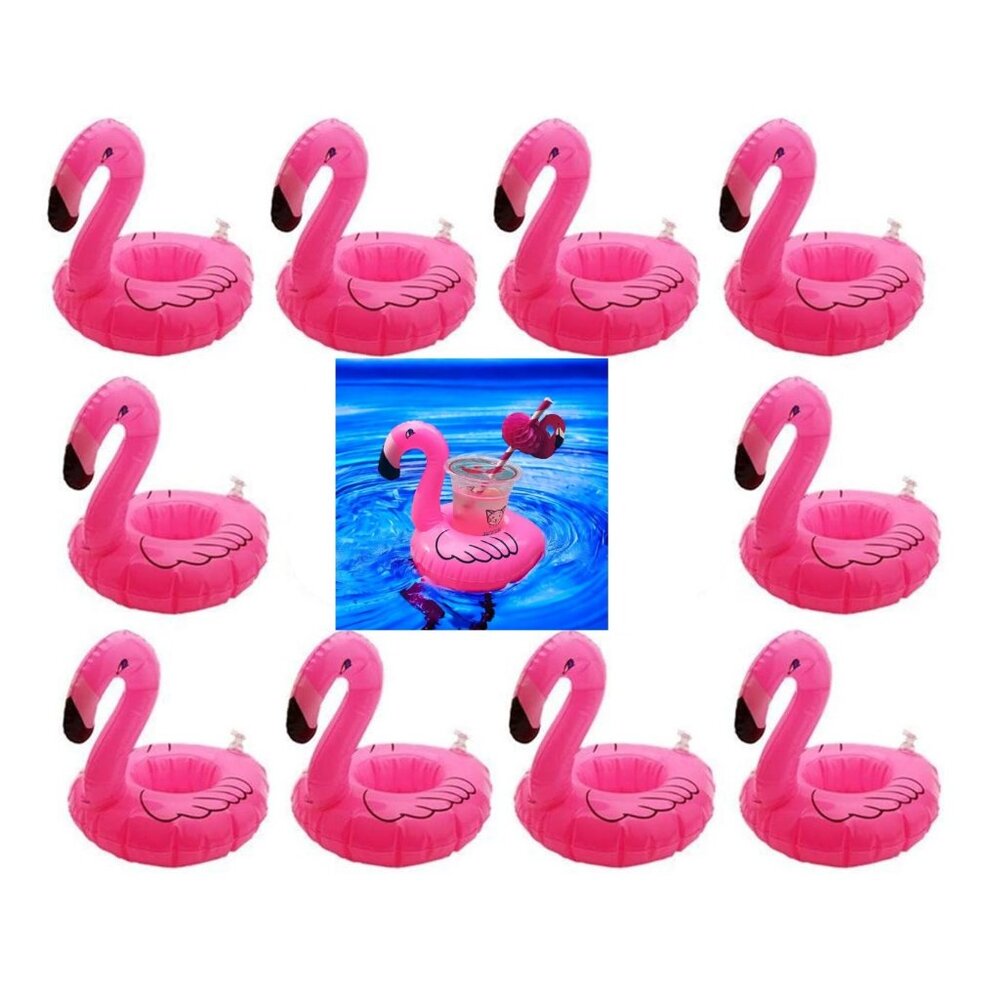 Inflatable Pink Flamingo Pool Floaties Drink Holders, 10 Count